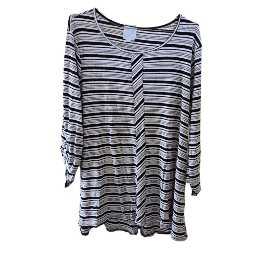 Sunday Striped Relaxed Fit Long Sleeve Top with Ruched Roll Tab Cuffs